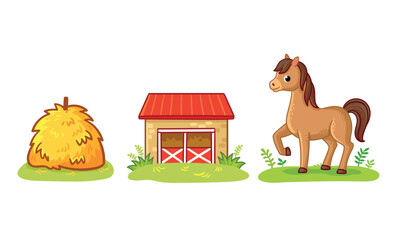 Set of cute horse character, horse stable, haystack. Farm animal and their homes, favorite food in cartoon style. - 697017920
