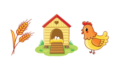 Set of cute chicken character, henhouse, wheat, grains. Farm animal and their homes, favorite food in cartoon style.