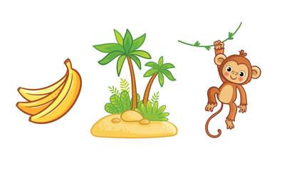 Set of cute monkey character, palm trees, bananas. Wild animal and their homes, favorite food in cartoon style. - 697018101