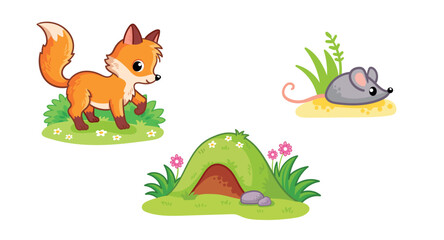 Set of cute fox character, fox hole, the mouse. Wild animal and their homes, favorite food in cartoon style. - obrazy, fototapety, plakaty