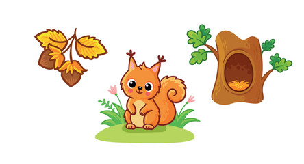 Set of cute squirrel character, hollow, nuts. Wild animal and their homes, favorite food in cartoon style. - 697018318