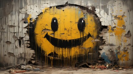 Graffiti emoticon smiling face painted spray on wall. Grunge street art with yellow smiley emoji  