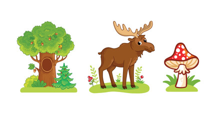 Set of cute moose character, forest, mushroom. Wild animal and their homes, favorite food in cartoon style. - 697018378
