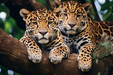 : A pair of jaguars lounging on the branches of a massive tree in the heart of the Amazon rainforest