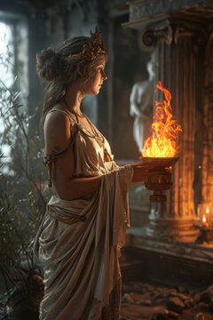 Hestia - Greek god in a half-body shot with a background reflecting her domain or personality Gen AI