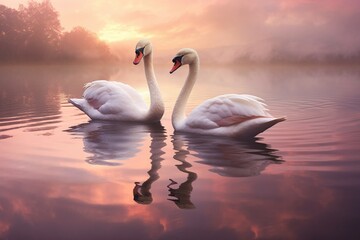: A pair of swans gliding gracefully across the glassy surface of a serene, mirror-like lake at sunrise