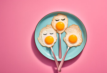 Fresh fried eggs on a blue plate on a pink background. Popular breakfast minimal concept. Happy eggs