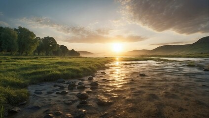 Golden sunrise illuminating a peaceful river landscape, with soft clouds in the sky and a gentle flow of water amidst the grasslands