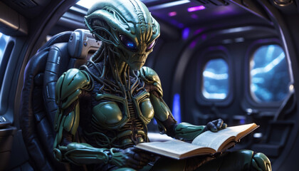Fototapeta na wymiar An alien reads a book in his UFO.