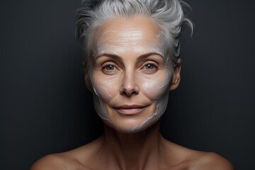 elderly grayhaired woman takes care of her face, applies cream to her face close up