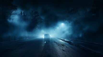 Mysterious smoke background in blue neon light over old asphalt. Street with a dark horror atmosphere. Night scene with fog without people. Horror smoke road. Background with smog