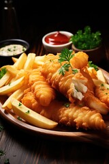 Delicious fish and chips arranged on a wooden table.