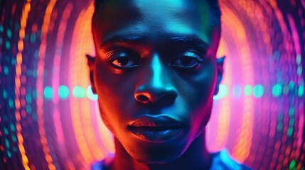 Portrait of a young african man at studio. High Fashion male model in colorful bright neon lights. Art design concept.