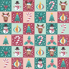 Christmas theme pattern with deer, snowman, candy cane, christmas tree. Vector illustration.