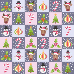 Christmas theme pattern with deer, snowman, candy cane, christmas tree. Vector illustration.