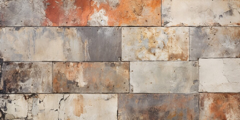 background with the texture of worn vintage worn cement tiles,with chips and cracks,with the effect of a patchwork motif,beige-terracotta tinting