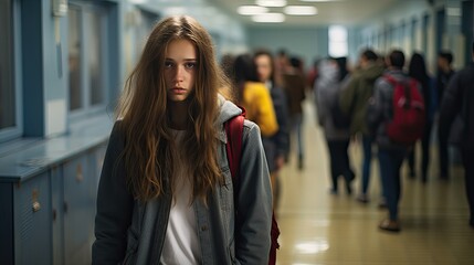 Depressed sad teenage girl in school