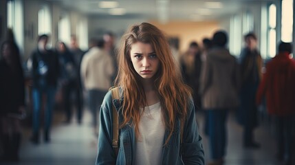 Depressed sad teenage girl in school - obrazy, fototapety, plakaty