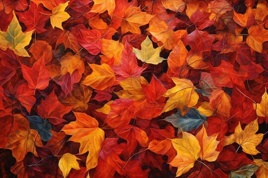 : A kaleidoscope of autumn leaves blanketing the forest floor in a rich tapestry of reds, oranges, and yellows