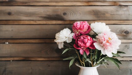 white and pink peony flower bouquet in a vase,  16:9 widescreen wallpaper / backdrop with text space, 