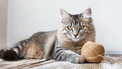 Fototapeta premium long haired tabby cat playing with a yarn ball, 16:9 widescreen wallpaper / backdrop 