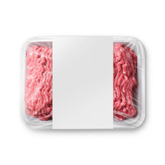 a white plastic tray with minced meat with label isolated on a white background