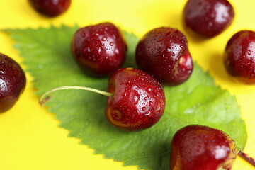 Ripe cherry berries lie on a green leaf with water droplets on a yellow background