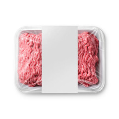 a white plastic tray with minced meat with label isolated on a white background