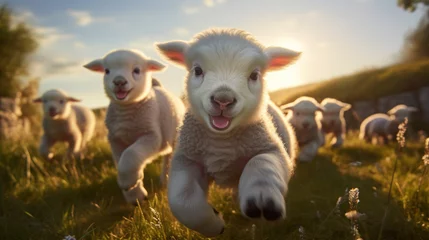 Fotobehang happy lambs run in the meadows.Generative AI © Anna