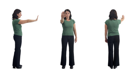 side, front and back view of same woman showing the stop sign with their hands on white background