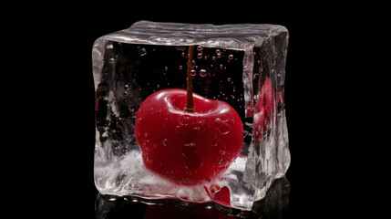 Cherry frozen in an ice cube. Frozen fruits on black background.