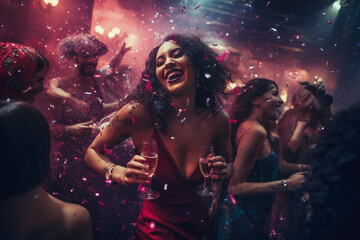 A cheerful group of friends enjoy new year party at nightclub People are drinking, dancing and...