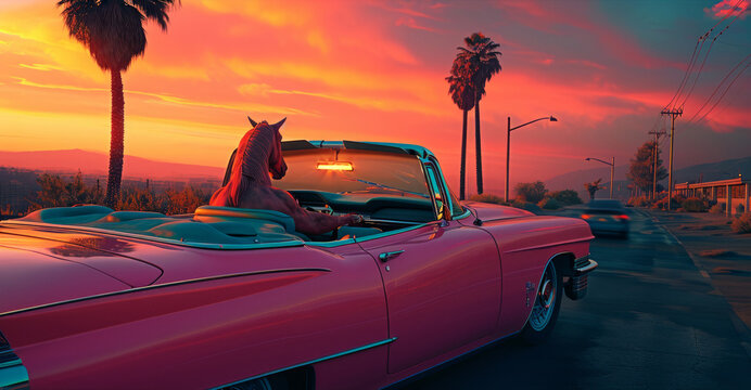 Surreal Sunset Cruise: A Horse's Ride through Urban Twilight