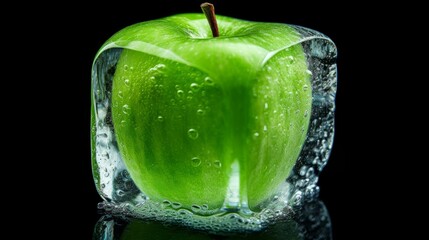 Green apple frozen in an ice cube. Frozen fruits on black background. - obrazy, fototapety, plakaty
