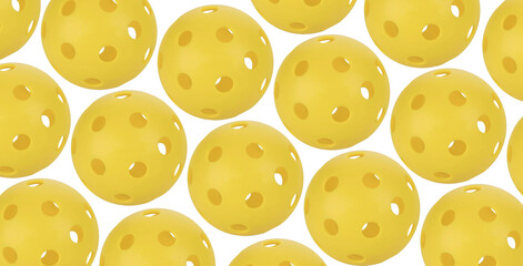 Many yellow pickleballs over a white background.