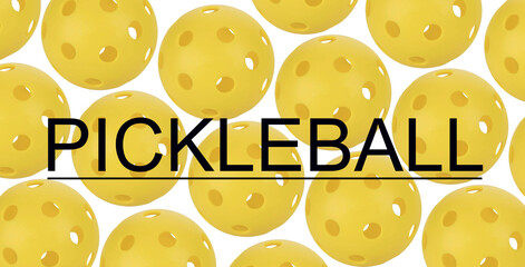 Many yellow pickleballs over a white background.
