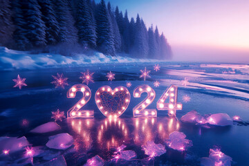 Romantic image of purple lights with 2024 year on a snowy landscape with forest and lake. Warm, hope and love for the new year.