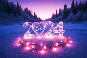Romantic image of purple lights with 2024 year on a snowy landscape with forest and lake. Warm, hope and love for the new year.