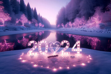 Romantic image of purple lights with 2024 year on a snowy landscape with forest and lake. Warm, hope and love for the new year.