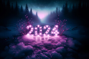 Romantic image of purple lights with 2024 year on a snowy landscape with forest and lake. Warm, hope and love for the new year.