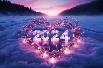 Romantic image of a heart-shaped lights with 2024 year on a snowy landscape at dusk. Warmt, hope and love for the new year.