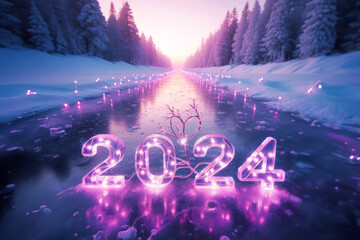 Romantic image of purple lights with 2024 year on a snowy landscape with forest and lake. Warm, hope and love for the new year.