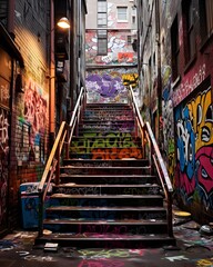 Naklejka premium graffiti on a wall street with many stairs