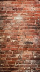 Obraz premium Expansive panorama showing the textured surface of an aged red brick wall with noticeable weathering and various shades of bricks, suitable for a rustic background.