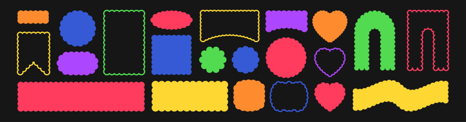 Obraz premium Scallop edge shapes - circle, square, arch, oval, modern brutalism forms. Retro vawe swiss design elements with frill border. Vector illustration of aesthetic futuristic memphis figures.