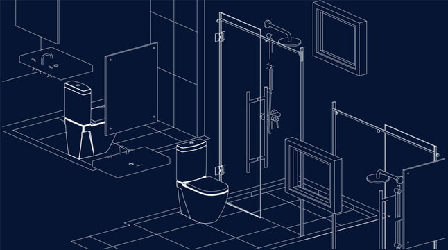 bathroom and toilet design isometric line drawing 3d illustration vector