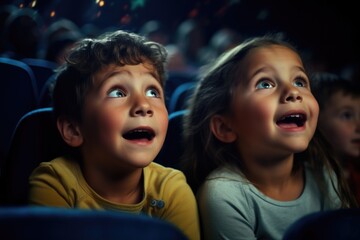 Enthusiastic young boy and girl captivated by a movie at the cinema