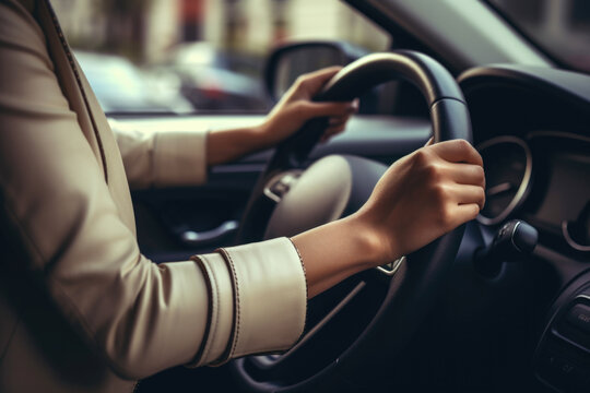 female driver behind the wheel of a modern car, her hands confidently gripping the steering wheel. This image captures the essence of safe and attentive driving