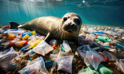 Un phoque sous l'eau avec de la pollution plastique - Generative AI - 697025917