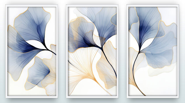 Set of painting artworks of ginkgo leaves on white background. Plant art design.